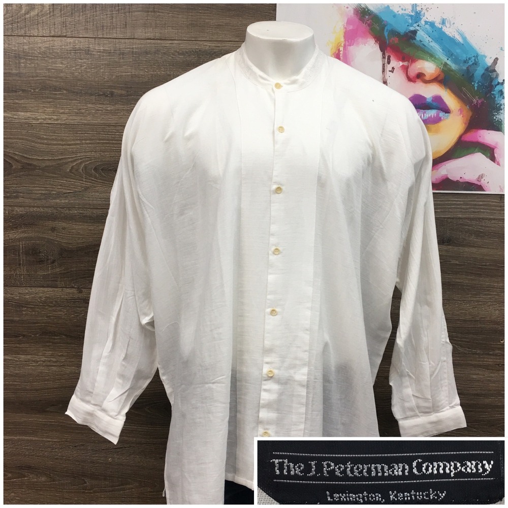 The J. Peterman Company Mens XXL White Cotton Band Collar Embroidered Shirt Boho